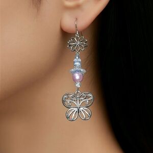 Silver-Tone Floral & Butterfly Drop Earrings with Pink Bead